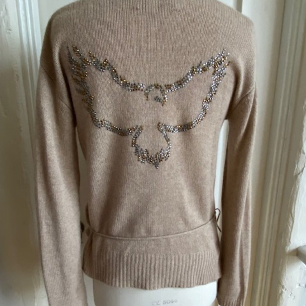 ZADIG & VOLTAIRE TAN CASHMERE SWEATER WITH DOVE CRYSTALS